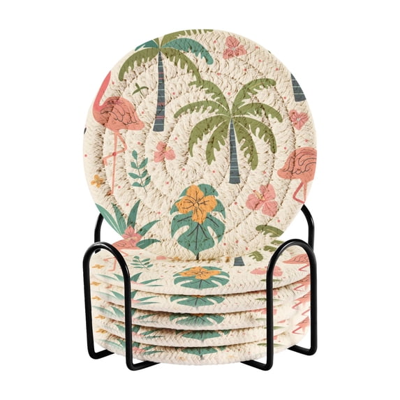 Haosy Set of 6 Drink Woven Coaster with Holder Heat Resistant Non-Slip Bar Coasters 4 Inches Cute Flamingo Palm Tree Flower