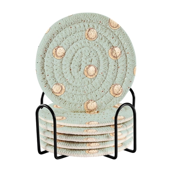Haosy Set of 6 Drink Woven Coaster with Holder Heat Resistant Non-Slip Bar Coasters 4 Inches Cute Little Baseballs