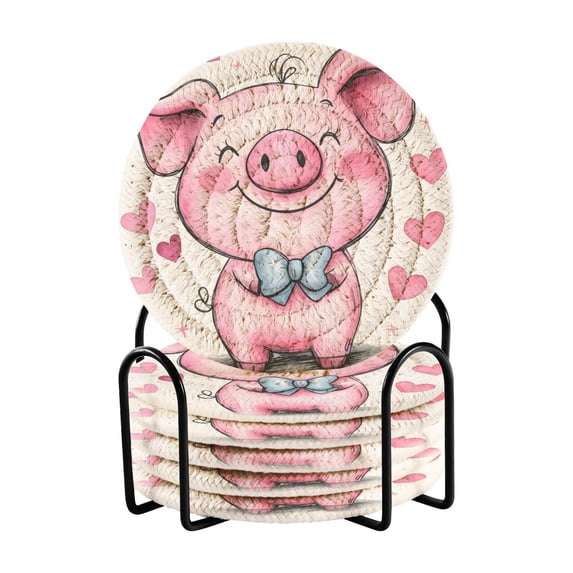 Haosy Set of 6 Drink Woven Coaster with Holder Heat Resistant Non-Slip Bar Coasters 4 Inches Cute Pink Pig and Heart