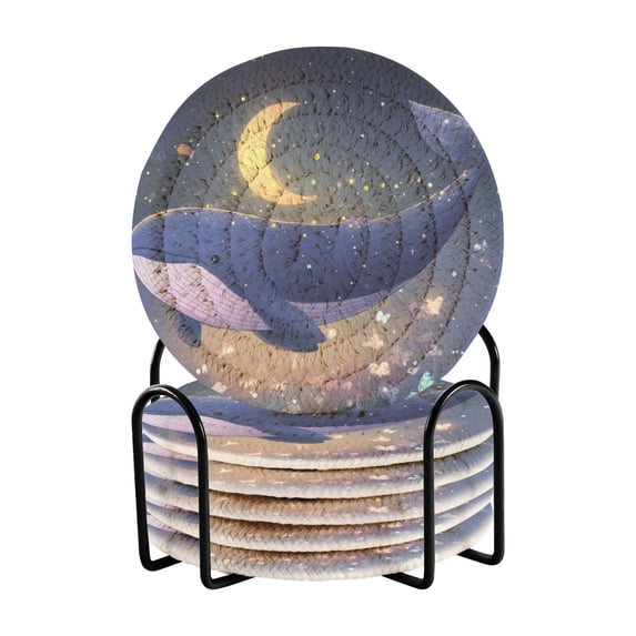 Haosy Set of 6 Drink Woven Coaster with Holder Heat Resistant Non-Slip Bar Coasters 4 Inches Cute Whale Floating in Nigh