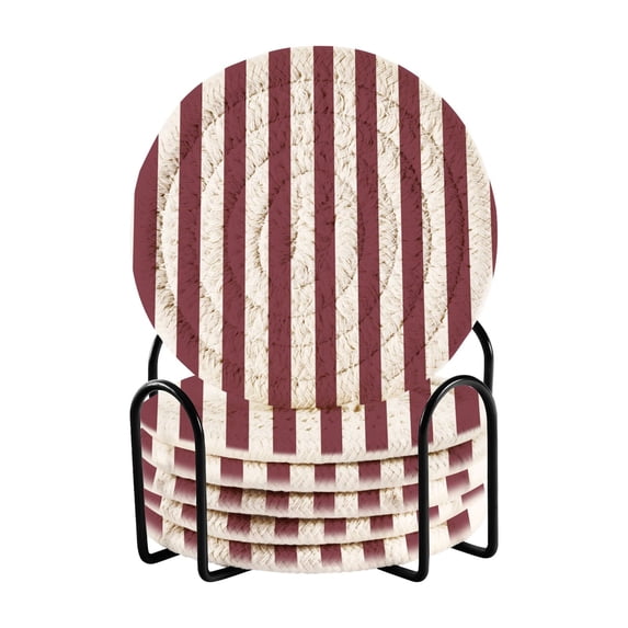 Haosy Set of 6 Drink Woven Coaster with Holder Heat Resistant Non-Slip Bar Coasters 4 Inches Dark Red and White Striped