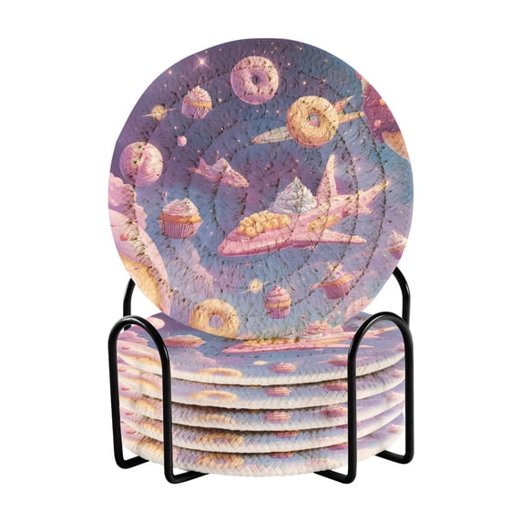 Haosy Set of 6 Drink Woven Coaster with Holder Heat Resistant Non-Slip Bar Coasters 4 Inches Dessert Planet Spaceship