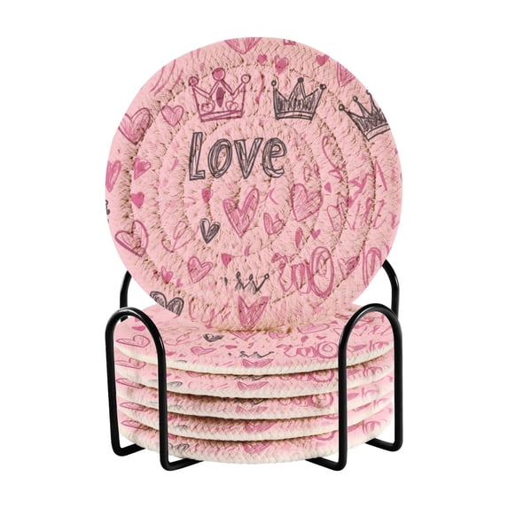 Haosy Set of 6 Drink Woven Coaster with Holder Heat Resistant Non-Slip Bar Coasters 4 Inches Doodle Love Hearts Crowns