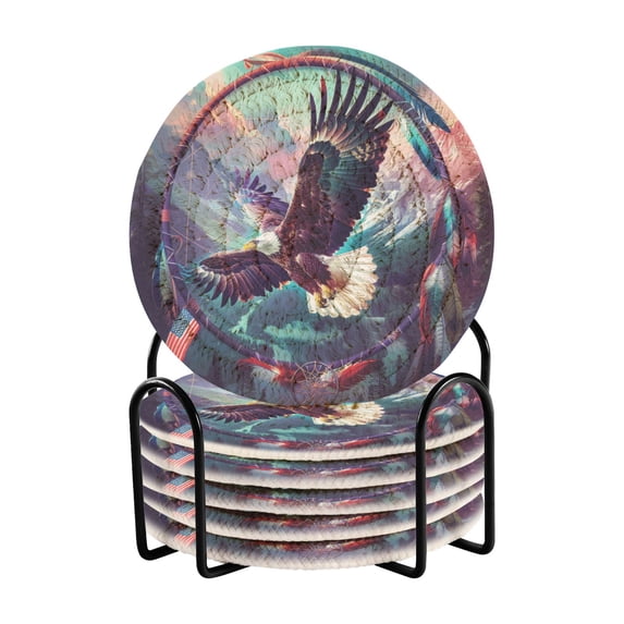 Haosy Set of 6 Drink Woven Coaster with Holder Heat Resistant Non-Slip Bar Coasters 4 Inches Eagle Mountains Tree Circle