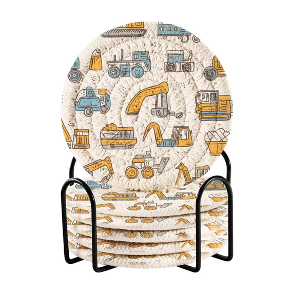 Haosy Set of 6 Drink Woven Coaster with Holder Heat Resistant Non-Slip Bar Coasters 4 Inches Excavator Bulldozer Roller