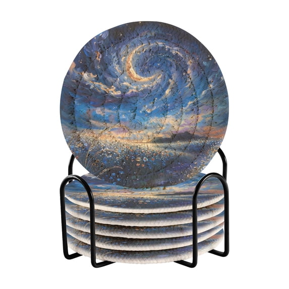 Haosy Set of 6 Drink Woven Coaster with Holder Heat Resistant Non-Slip Bar Coasters 4 Inches Flower Sea Starry Sky