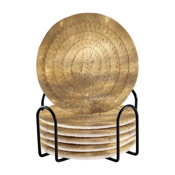 Haosy Set of 6 Drink Woven Coaster with Holder Heat Resistant Non-Slip Bar Coasters 4 Inches Golden Galaxy
