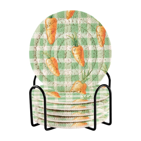 Haosy Set of 6 Drink Woven Coaster with Holder Heat Resistant Non-Slip Bar Coasters 4 Inches Green Checkered with Carrots