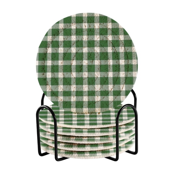 Haosy Set of 6 Drink Woven Coaster with Holder Heat Resistant Non-Slip Bar Coasters 4 Inches Green Gingham Pattern