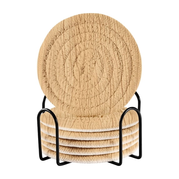 Haosy Set of 6 Drink Woven Coaster with Holder Heat Resistant Non-Slip Bar Coasters 4 Inches Hand Drawn Wooden Grain