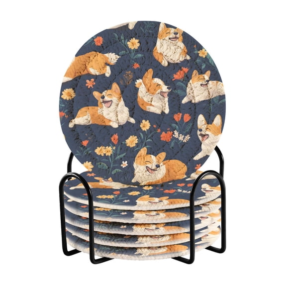 Haosy Set of 6 Drink Woven Coaster with Holder Heat Resistant Non-Slip Bar Coasters 4 Inches Happy Corgis and Flower
