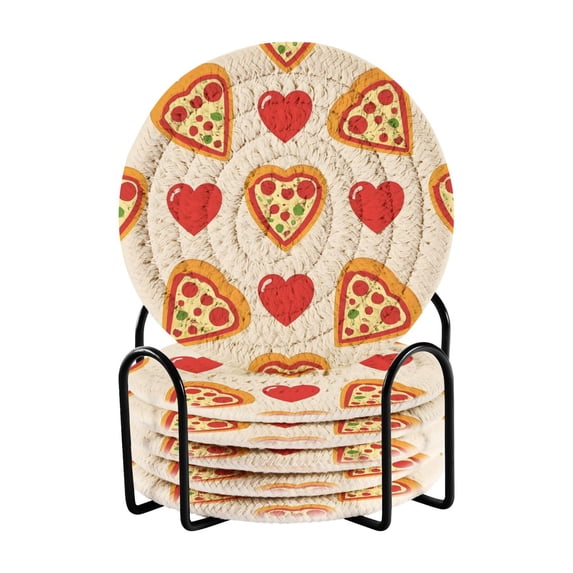 Haosy Set of 6 Drink Woven Coaster with Holder Heat Resistant Non-Slip Bar Coasters 4 Inches Heart Pizza
