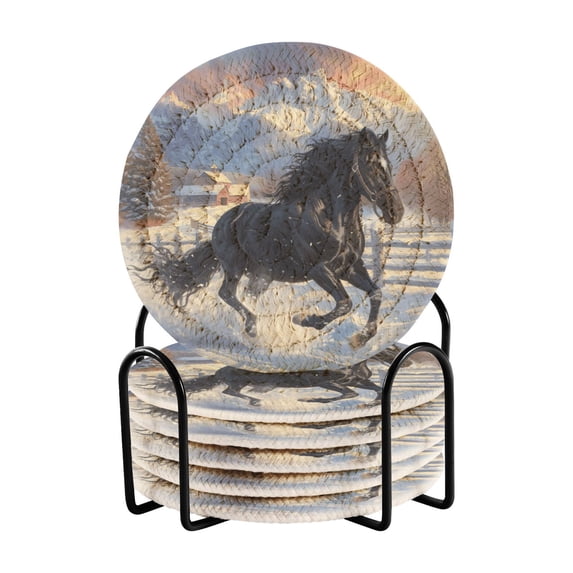 Haosy Set of 6 Drink Woven Coaster with Holder Heat Resistant Non-Slip Bar Coasters 4 Inches Horse Galloping in Snow