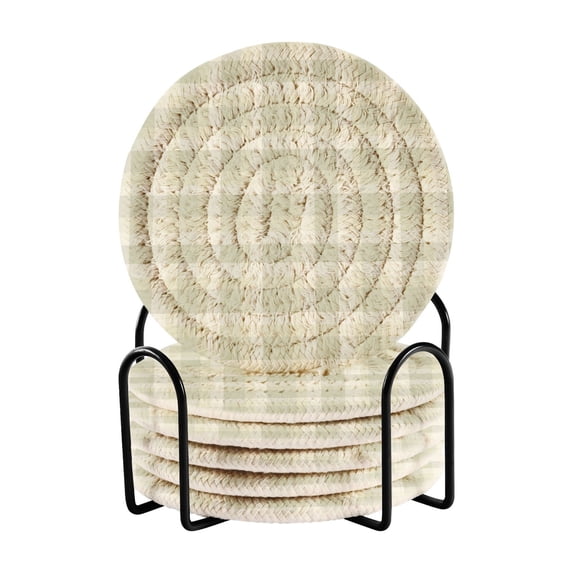 Haosy Set of 6 Drink Woven Coaster with Holder Heat Resistant Non-Slip Bar Coasters 4 Inches Light Sage Green Ecru Plaed