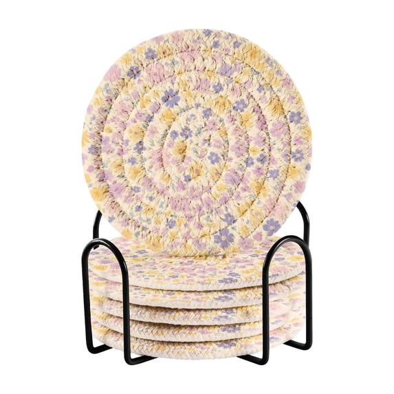 Haosy Set of 6 Drink Woven Coaster with Holder Heat Resistant Non-Slip Bar Coasters 4 Inches Lilac Yellow Tiny Flower