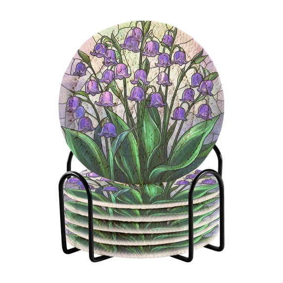 Haosy Set of 6 Drink Woven Coaster with Holder Heat Resistant Non-Slip Bar Coasters 4 Inches Lily Of The Valley