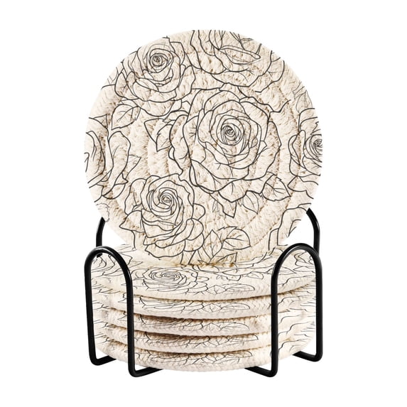 Haosy Set of 6 Drink Woven Coaster with Holder Heat Resistant Non-Slip Bar Coasters 4 Inches Lines Roses
