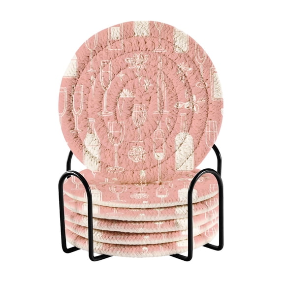 Haosy Set of 6 Drink Woven Coaster with Holder Heat Resistant Non-Slip Bar Coasters 4 Inches Lines Wine Bottle Glass