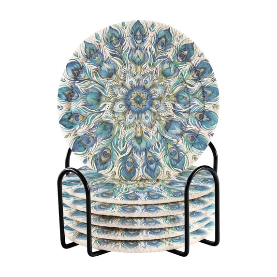 Haosy Set of 6 Drink Woven Coaster with Holder Heat Resistant Non-Slip Bar Coasters 4 Inches Mandala Peacock Feathers