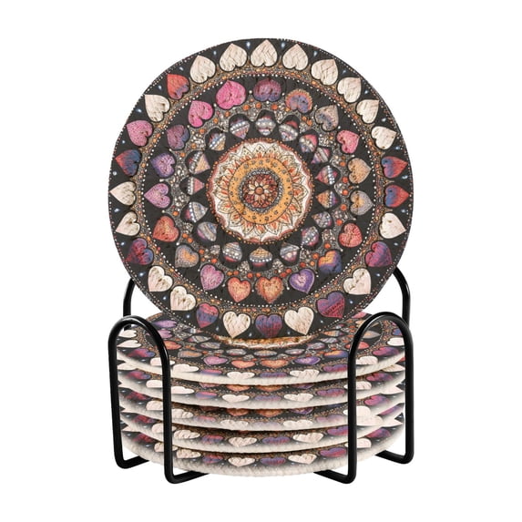 Haosy Set of 6 Drink Woven Coaster with Holder Heat Resistant Non-Slip Bar Coasters 4 Inches Mandala with Hearts