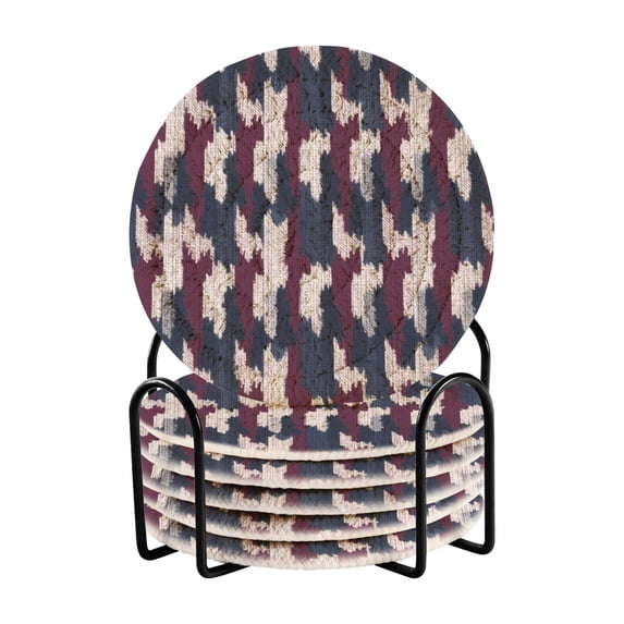Haosy Set of 6 Drink Woven Coaster with Holder Heat Resistant Non-Slip Bar Coasters 4 Inches Navy Blue Burgundy Houndstooth