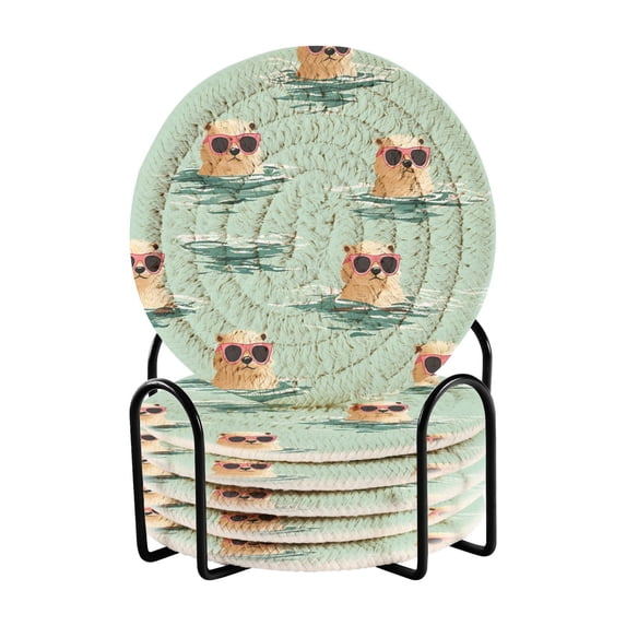 Haosy Set of 6 Drink Woven Coaster with Holder Heat Resistant Non-Slip Bar Coasters 4 Inches Otter with Sunglasses Swimming