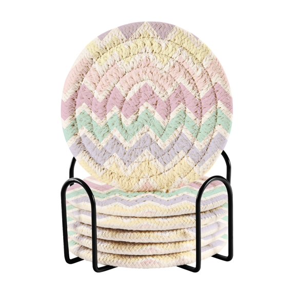 Haosy Set of 6 Drink Woven Coaster with Holder Heat Resistant Non-Slip Bar Coasters 4 Inches Pastel Colored Chevron