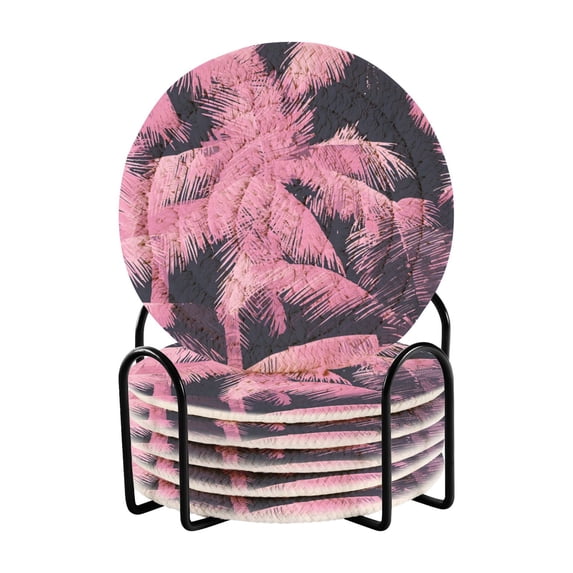 Haosy Set of 6 Drink Woven Coaster with Holder Heat Resistant Non-Slip Bar Coasters 4 Inches Pink Palm Tree on Black