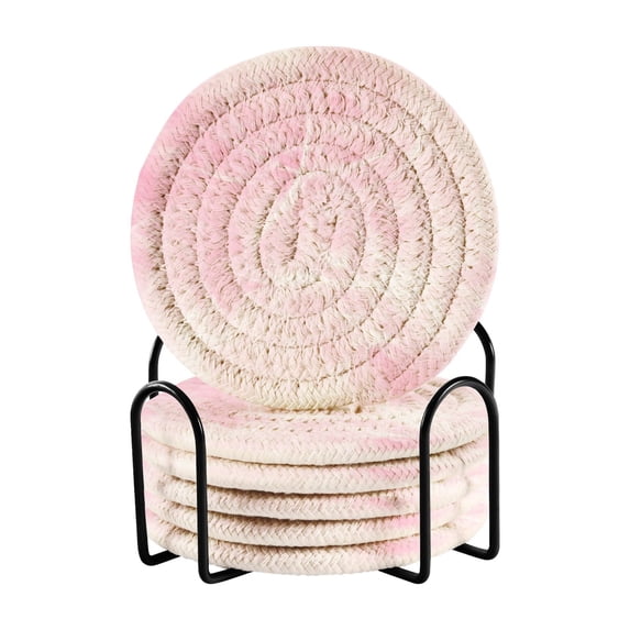 Haosy Set of 6 Drink Woven Coaster with Holder Heat Resistant Non-Slip Bar Coasters 4 Inches Pink Soft Smoke Cloud