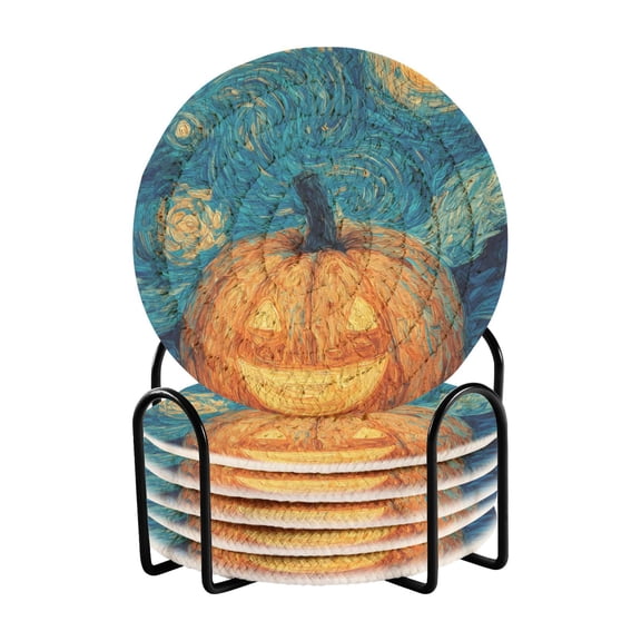 Haosy Set of 6 Drink Woven Coaster with Holder Heat Resistant Non-Slip Bar Coasters 4 Inches Pumpkin in Van Gogh's Starry Night