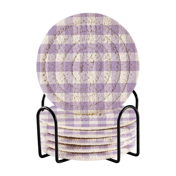 Haosy Set of 6 Drink Woven Coaster with Holder Heat Resistant Non-Slip Bar Coasters 4 Inches Purple Gingham