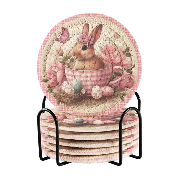Haosy Set of 6 Drink Woven Coaster with Holder Heat Resistant Non-Slip Bar Coasters 4 Inches Rabbit in Teacup Flower
