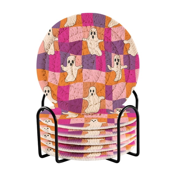 Haosy Set of 6 Drink Woven Coaster with Holder Heat Resistant Non-Slip Bar Coasters 4 Inches Retro Groovy Checkered