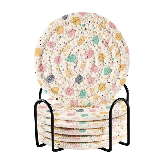 Haosy Set of 6 Drink Woven Coaster with Holder Heat Resistant Non-Slip Bar Coasters 4 Inches Seashells and Dots