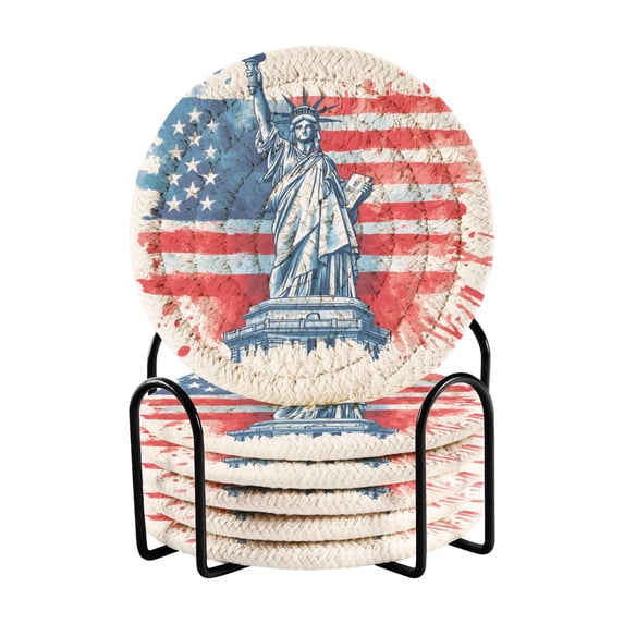 Haosy Set of 6 Drink Woven Coaster with Holder Heat Resistant Non-Slip Bar Coasters 4 Inches Statue Of Liberty with Flag