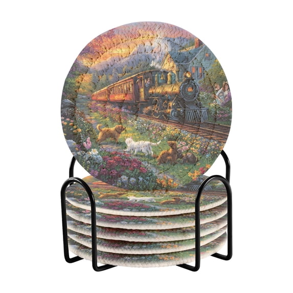 Haosy Set of 6 Drink Woven Coaster with Holder Heat Resistant Non-Slip Bar Coasters 4 Inches Train Dog Flower