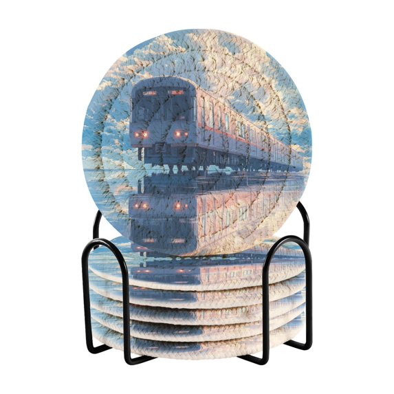 Haosy Set of 6 Drink Woven Coaster with Holder Heat Resistant Non-Slip Bar Coasters 4 Inches Train in Blue Sky