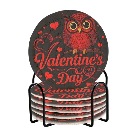 Haosy Set of 6 Drink Woven Coaster with Holder Heat Resistant Non-Slip Bar Coasters 4 Inches Valentine's Day Owl