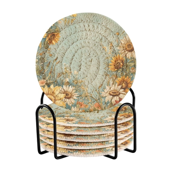 Haosy Set of 6 Drink Woven Coaster with Holder Heat Resistant Non-Slip Bar Coasters 4 Inches Vintage Sunflowers and Wildflower