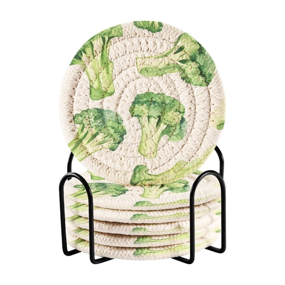 Haosy Set of 6 Drink Woven Coaster with Holder Heat Resistant Non-Slip Bar Coasters 4 Inches Watercolor Broccoli