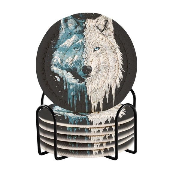Haosy Set of 6 Drink Woven Coaster with Holder Heat Resistant Non-Slip Bar Coasters 4 Inches White and Ice Wolf Face