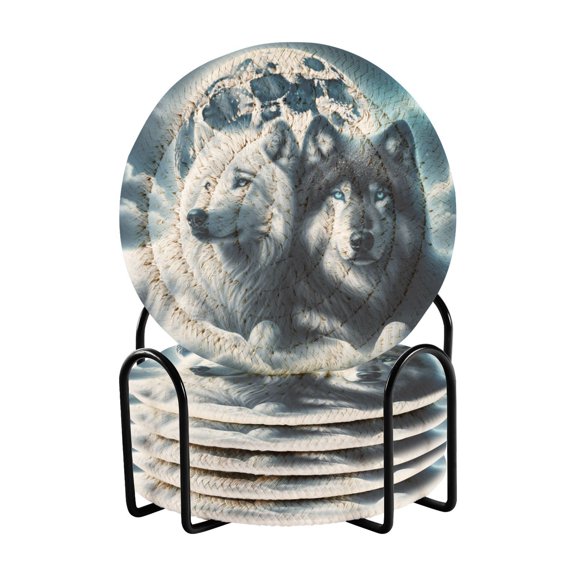 Haosy Set of 6 Drink Woven Coaster with Holder Heat Resistant Non-Slip Bar Coasters 4 Inches Wolves Lying under Moonlight