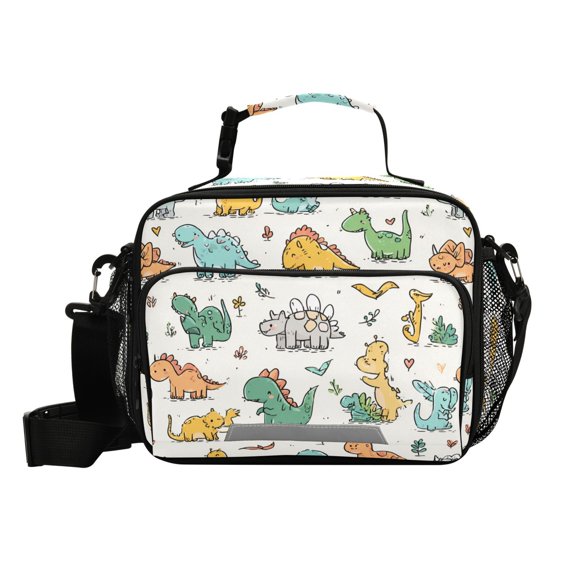 Haosy Small Insulated Lunch Box with Shoulder Strap Reusable Cooler Bag for Men Women, Adorable Cartoon Dinosaurs