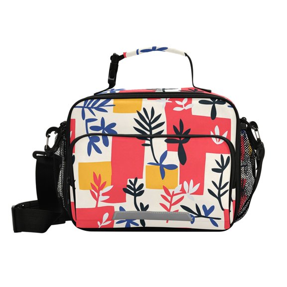Haosy Small Insulated Lunch Box with Shoulder Strap Reusable Cooler Bag for Men Women, Colorful Plants and Squares