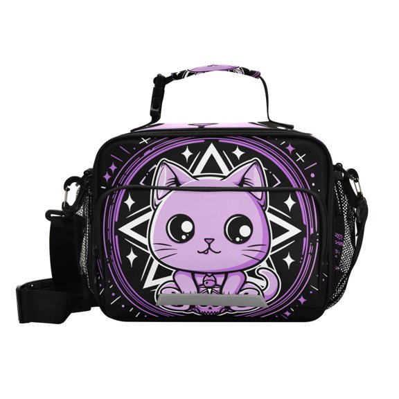 Haosy Small Insulated Lunch Box with Shoulder Strap Reusable Cooler Bag for Men Women, Cute Cat with Skull