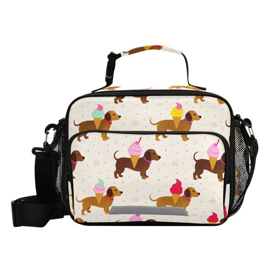Haosy Small Insulated Lunch Box with Shoulder Strap Reusable Cooler Bag for Men Women, Dachshund with Ice Cream