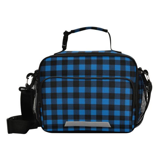 Haosy Small Insulated Lunch Box with Shoulder Strap Reusable Cooler Bag for Men Women, Dark Blue and Glack Gingham