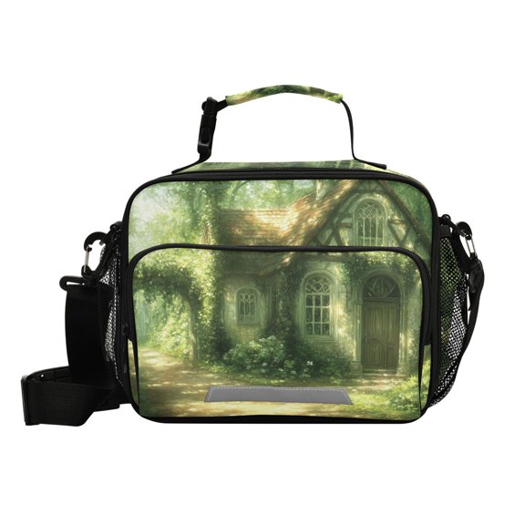 Haosy Small Insulated Lunch Box with Shoulder Strap Reusable Cooler Bag for Men Women, House in Forest