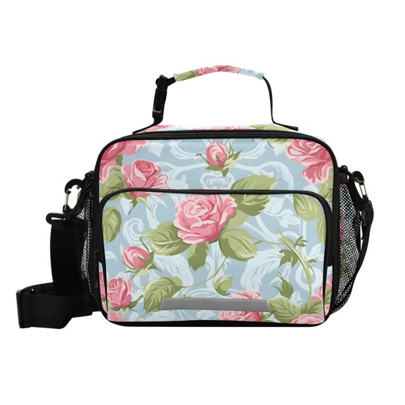 Haosy Small Insulated Lunch Box with Shoulder Strap Reusable Cooler Bag for Men Women, Rose and Leaves