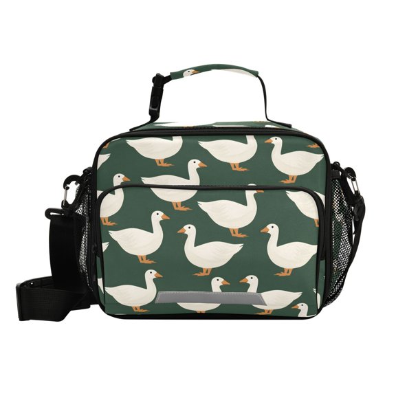 Haosy Small Insulated Lunch Box with Shoulder Strap Reusable Cooler Bag for Men Women, White Duck on Green